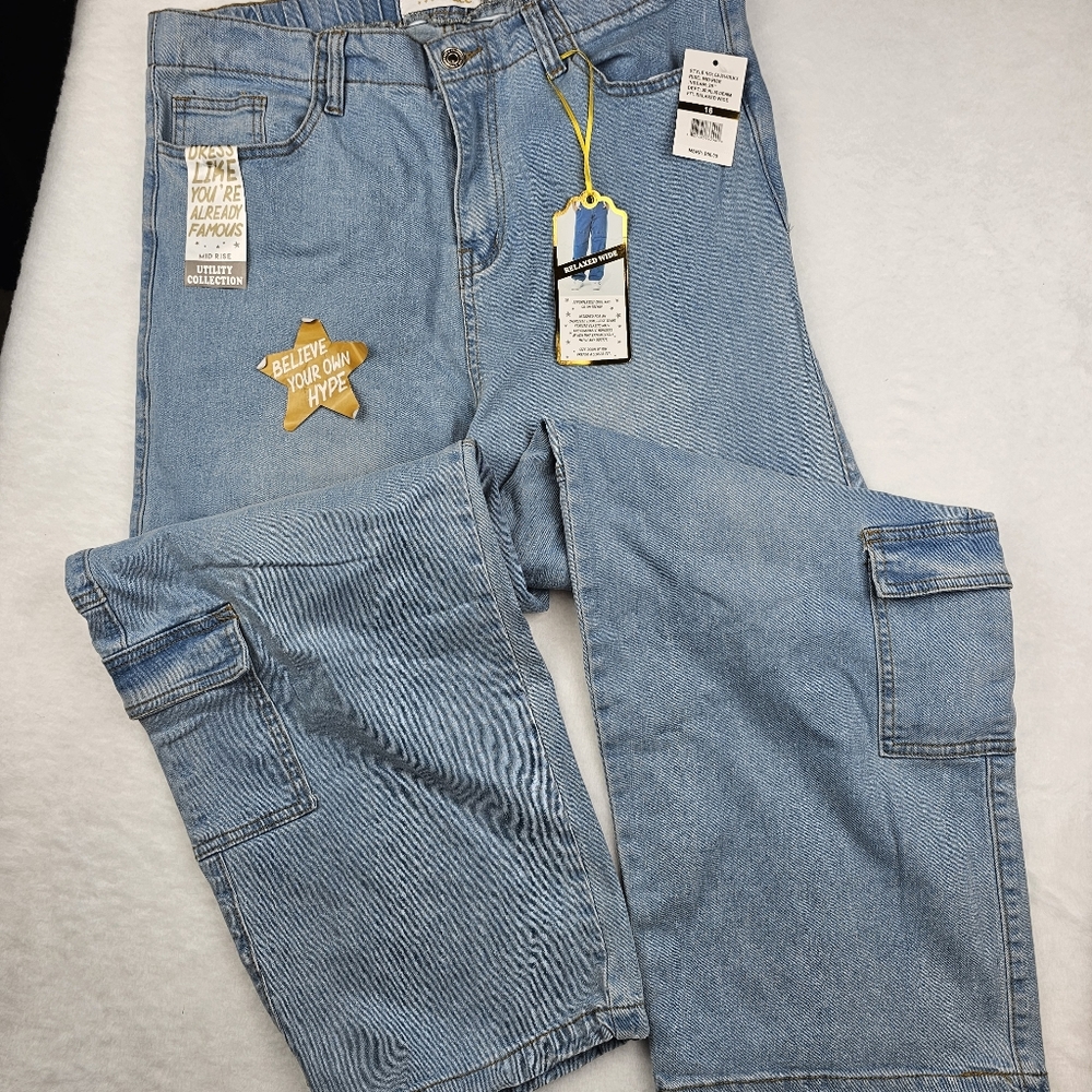 NWT‎ Wide Leg Cargo Jeans Joggers Jr. Plus 16 Skater Sk8 Denim Trendy Trend